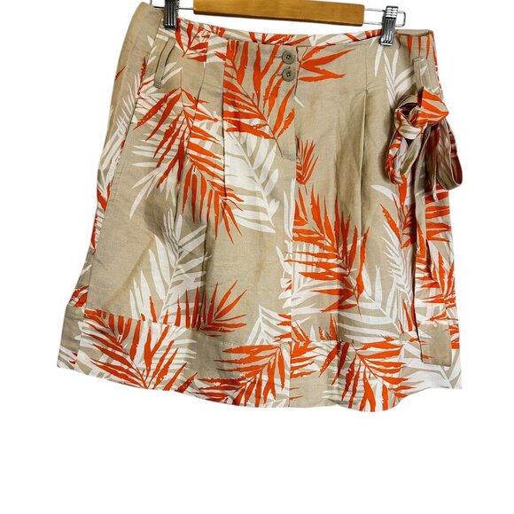Sandro Linen Blend Tropical Print Mini Skirt Tan Orange Sz 10 Belt Pleated Light - Picture 3 of 5